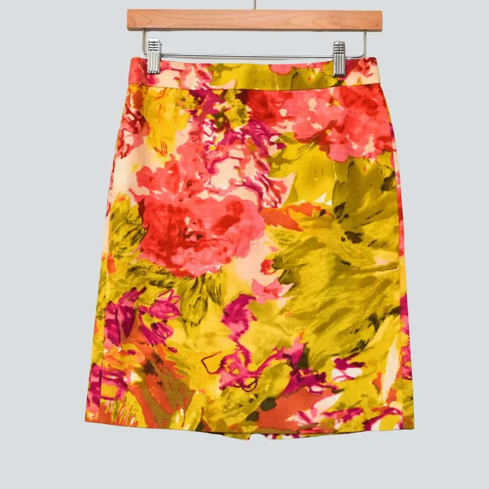 J.CREW Impressionist Floral Pencil Skirt Pink Yellow Watercolor Size 00